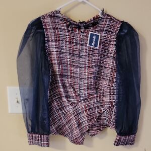 Zara Red and Navy Plaid Top with Sheer Sleeves